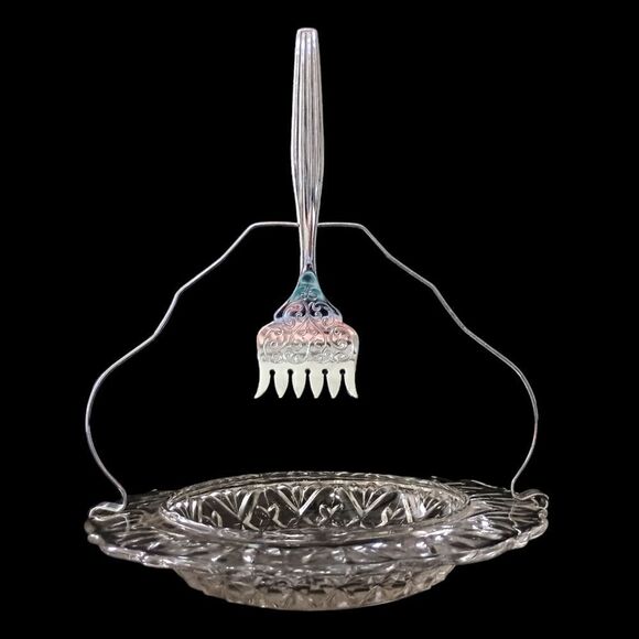 Sheffield Glass Server Plate Set Chrome Fork Holder Vintage Seafood Appetizers. - Picture 1 of 16